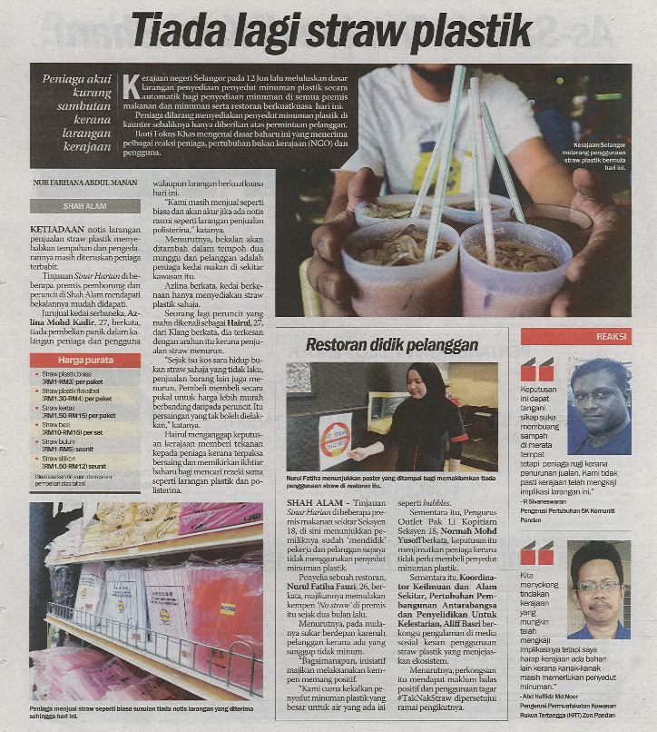 Tiada Lagi Straw Plastik 1 Julai 2019 Sinar Harian Enviro Knowledge Center