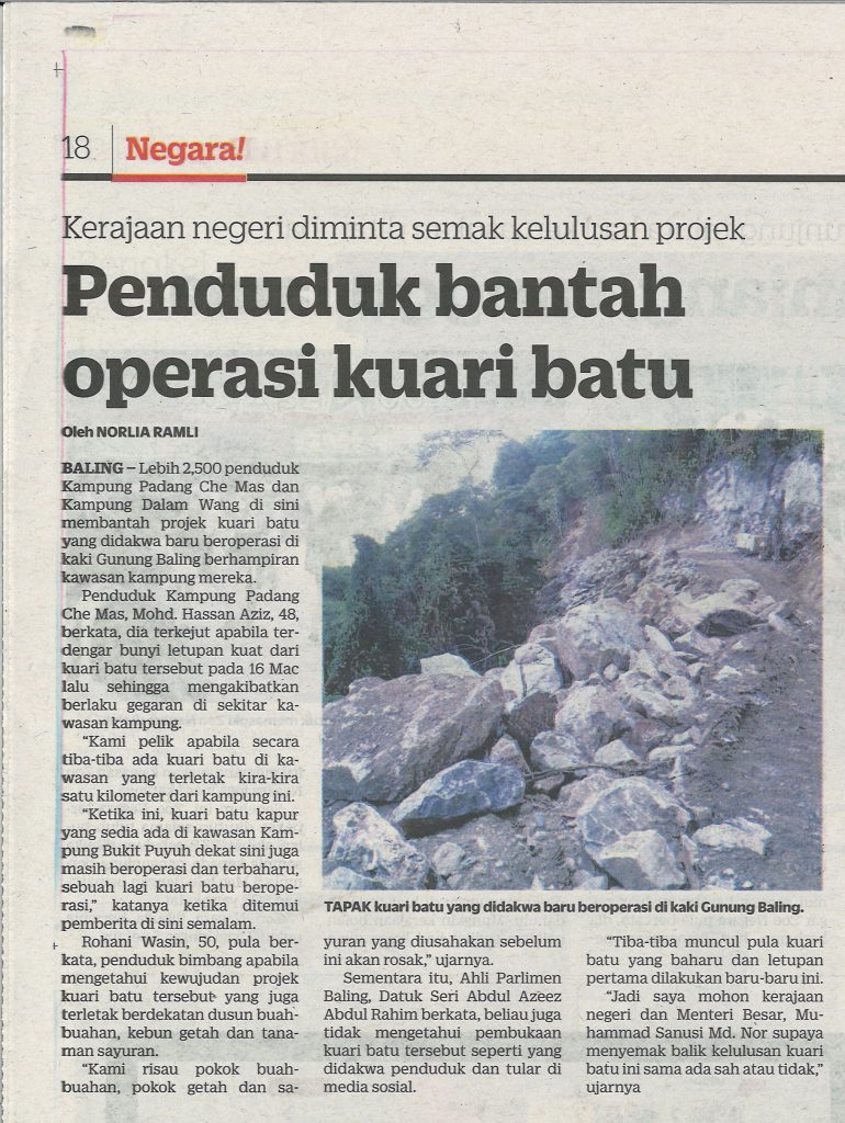 Penduduk bantah operasi kuari batu, 22 Mac 2021, Kosmo u2013 Enviro 